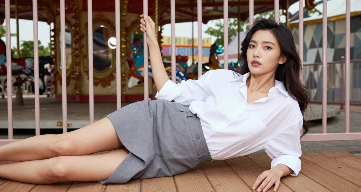A intense and captivating Female From Kaohsiung Taiwan, started modeling while studying visual design in their 32, first-time homeowner documenting renovation process, wearing a asymmetrical hem skirt and a crisp white shirt, holding a railing in a carnival with rides.