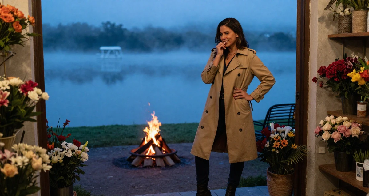 A softly smiling Female From Brazil, trained in physical therapy in their 49, celebrating female friendship and support, wearing a timeless trench and boots, biting the lower lip softly in a flower shop entrance.