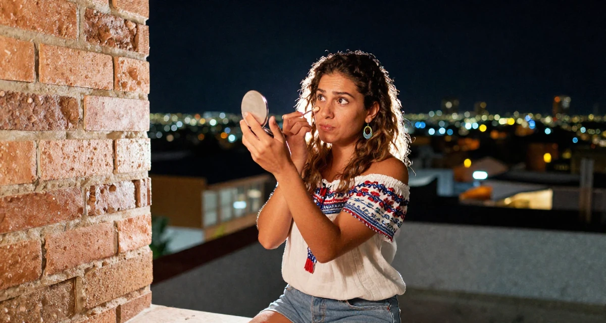 A witty Female From Guatemala, studied computer networks in their 45, documenting the renovation of a vacation home, wearing a boho style off-shoulder peasant top and shorts, checking makeup in a compact mirror in a supermarket aisle.