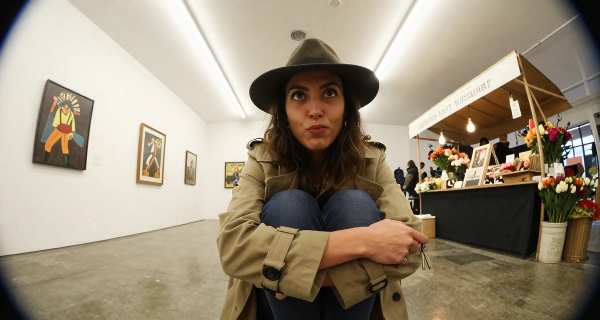 A playful Female From USA, studied psychology and human behavior in their 26, chasing the digital nomad lifestyle dream, wearing a detective trench coat and fedora hat, holding a set of keys in a art gallery.