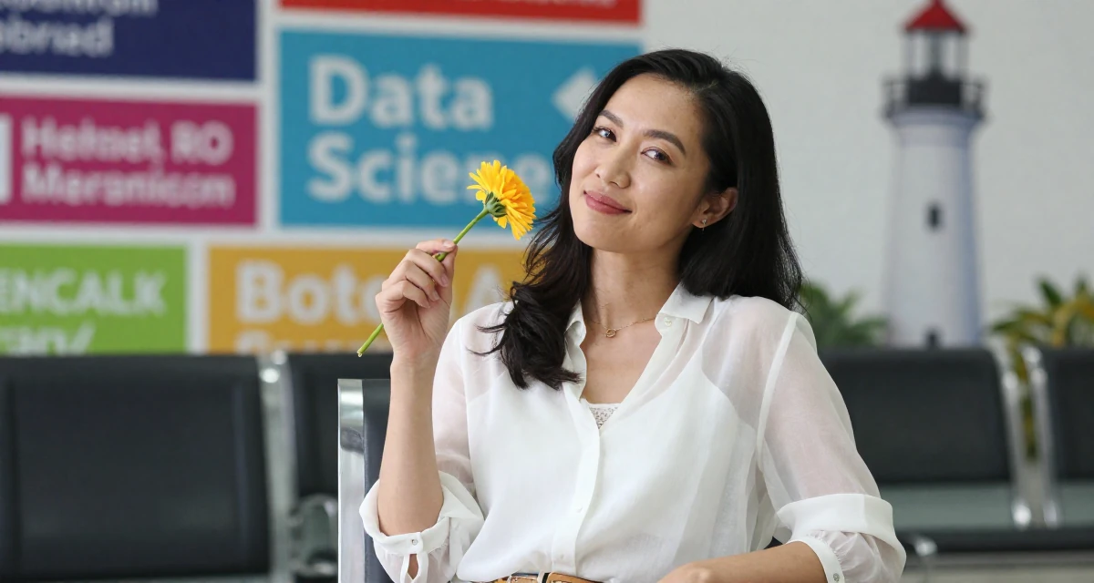 A amused Female From Singapore, holds a degree in data science in their 25, radiating an elegant and poised vibe, wearing a sheer white blouse with a delicate camisole underneath, holding a flower in a waiting room.