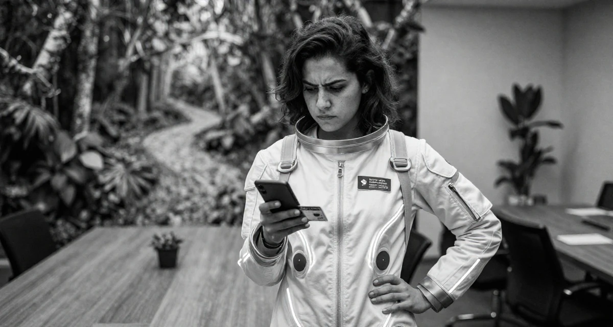 A arrogant Female From Chile, majored in international business at a private university in their 21, struggling to disconnect from social media, wearing a futuristic space pilot plugsuit with glowing lines, holding a subway card in a conference room.