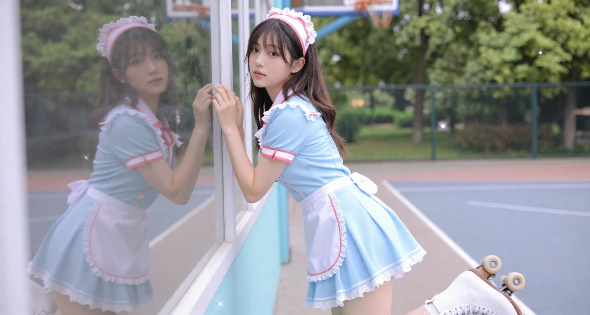 A aloof but intriguing Female Once a soldier trainee, now exploring softer sides through creator work in their 23, realizing self-promotion is a full-time job with no salary, wearing a retro 50s diner waitress uniform with roller skates, checking a reflection in a window in a basketball court.