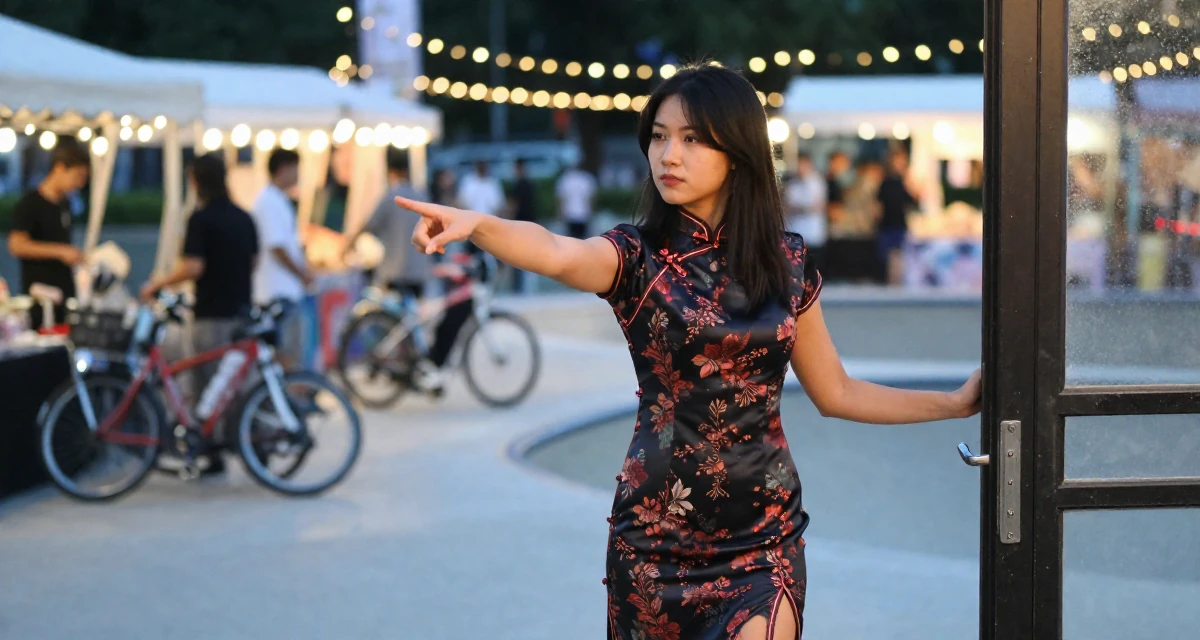 A compassionate Female From Italy, based in Bologna, graduated from a local university majoring in media production in their 22, learning that fans disappear as fast as they come, wearing a Chinese qipao (cheongsam) modified with a high slit, pushing a door open in a skate park.