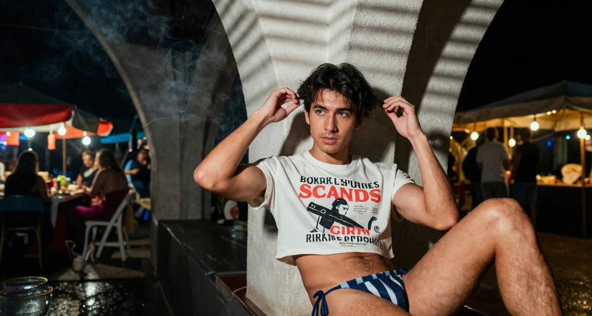 A steady male Former café waitress, now documenting daily aesthetics for fans in their 22, learning how to avoid scams and risky promo offers, wearing a cropped graphic tee and bikini bottoms, fixing a loose strand of hair in a wedding venue.