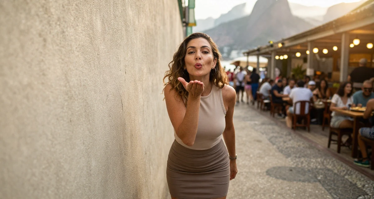 A eager Female From Rio de Janeiro Brazil, learned fitness aesthetics through beach culture in their 60, rediscovering passions, wearing a mock neck sleeveless top and a pencil skirt, blowing a kiss in a zoo pathway.