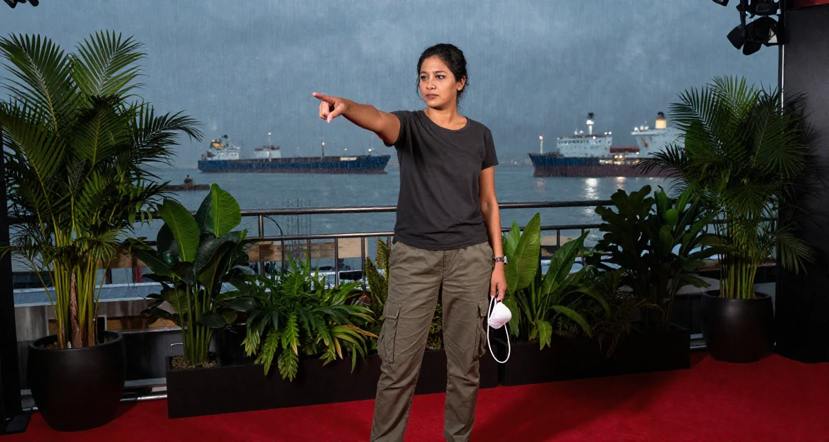 A mellow Female Raised in the UAE, studied consumer behavior analytics in their 48, sharing lessons learned from failure, wearing a simple t-shirt and cargo pants, holding a mask (cosplay/prop) in a red carpet event.