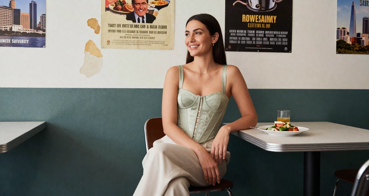 A positive Female From Australia, majored in finance at a private university in their 47, sharing the joy of slow food and cooking, wearing a corset-style top and wide-leg trousers, resting hands on a table in a waiting room.