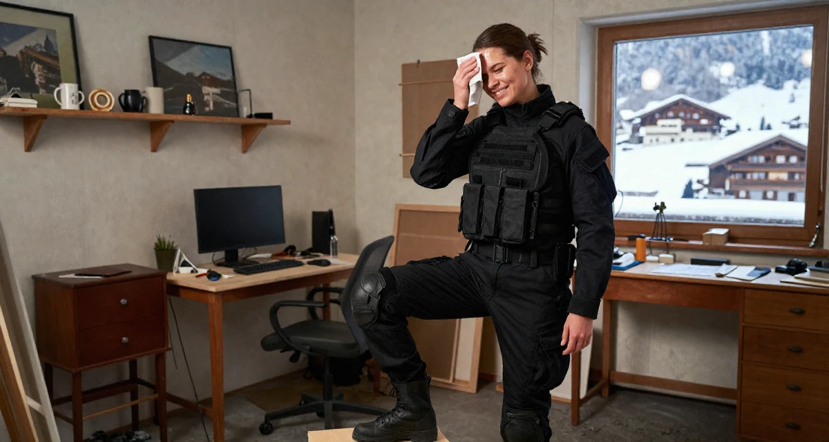 A pleased Female Grew up in the Czech Republic, studied digital film production in their 24, taking creative work more seriously, wearing a special forces tactical suit in matte black, wiping sweat from the brow in a messy artist studio.