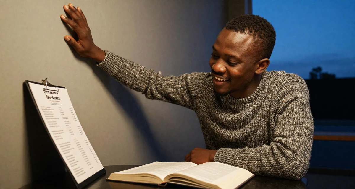A grateful male From Cameroon, majored in applied statistics in their 22, learning to advocate for personal boundaries, wearing a textured wool sweater, looking at a menu in a basement studio.