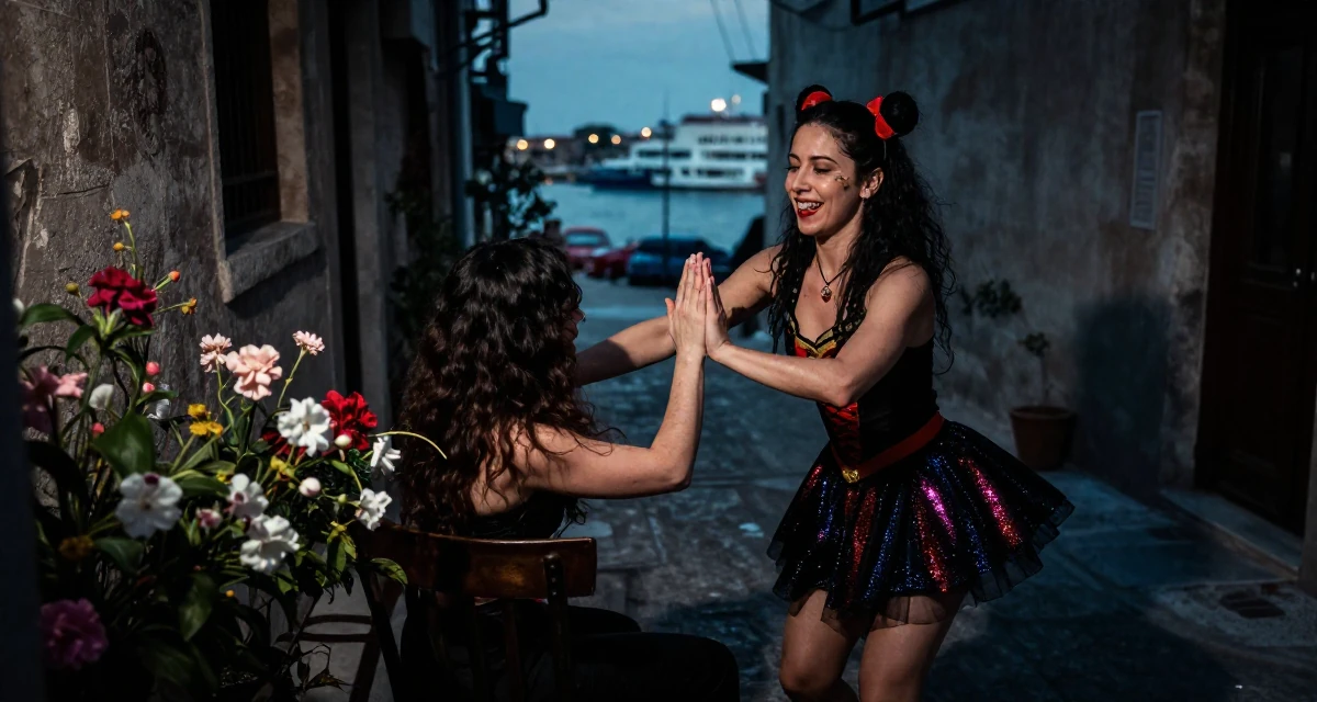 A cheerful Female From Athens Greece, learned movement expression through traditional dance in their 43, creating a supportive space for menopause, wearing a magical girl anime costume with a sparkly short skirt, rubbing hands together for warmth in a neon-lit alleyway.