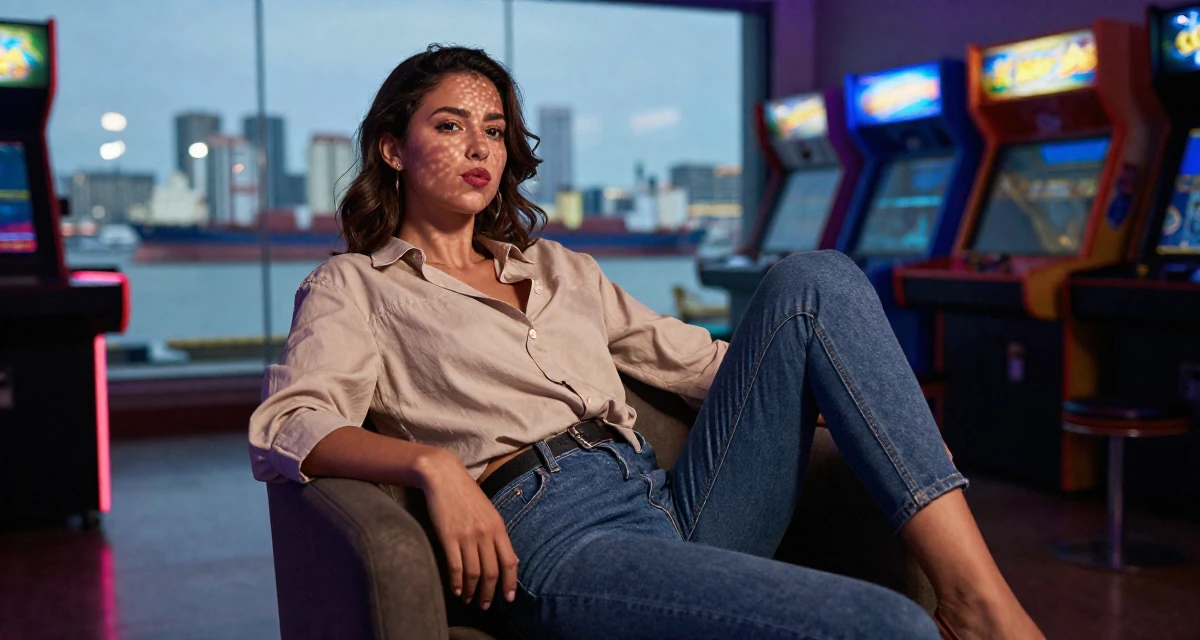 A pouting Female From Mexico, majored in advertising and PR in their 25, planning high-quality shoots that feel bold but elegant, wearing a loose fitting blouse tucked into tight jeans, pausing mid-step in a arcade room with neon lights.