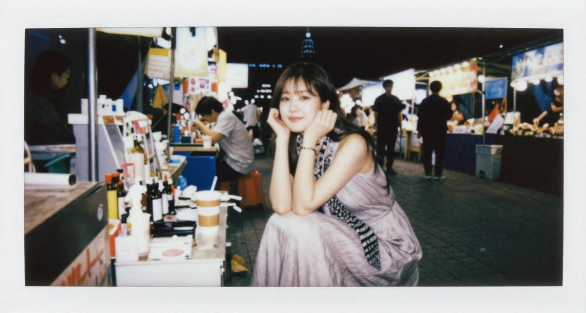 A relieved Female From South Korea, has a background in cosmetics chemistry in their 20, fueled by caffeine and late-night ambition, wearing a flowing maxi skirt and top, adjusting a scarf in a night market stall.