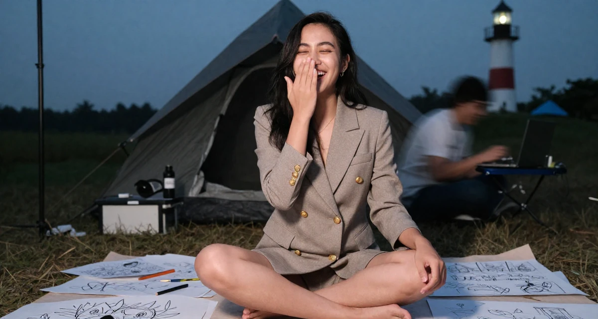 A harmonious Female From Thailand, majored in tourism in their 22, dating casually to avoid serious commitment, wearing a double-breasted blazer dress with gold buttons, covering a laugh with one hand in a camping site.