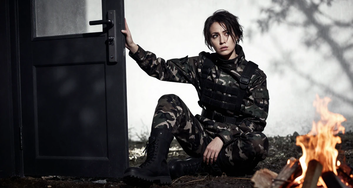 A puzzled Female Raised in Iceland, majored in creative digital strategy in their 33, dealing with rising living costs, wearing a commando outfit with camouflage paint and tactical harness, opening a door in a campfire circle.