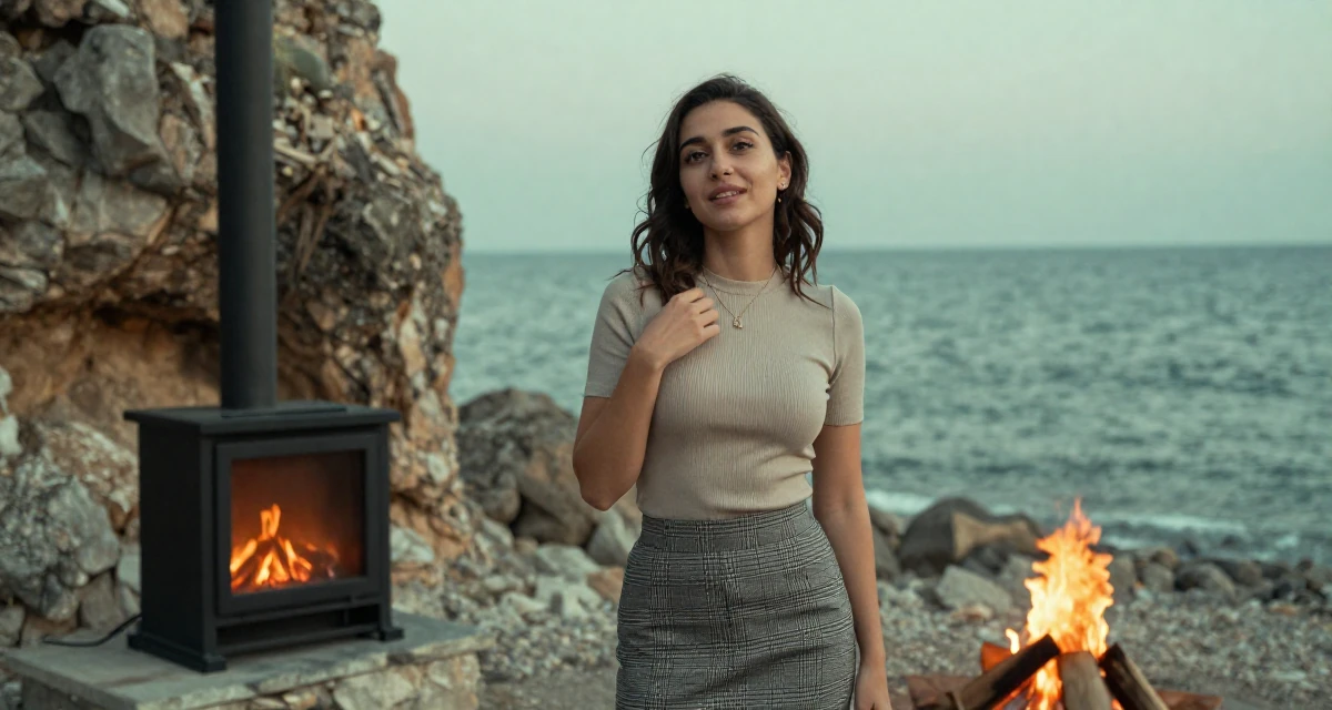 A grateful Female From Turkey, has a degree in tourism management in their 25, managing inconsistent confidence when creating content, wearing a fitted ribbed top and a check pattern skirt, touching a necklace in a rocky ocean cliff.