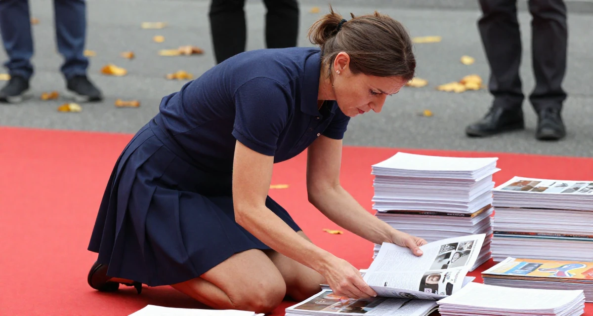 A sincere Female From Germany, majored in mechanical engineering in their 40, facing mid-career uncertainty, wearing a short pleated skirt and a tight polo shirt, flipping through a magazine in a red carpet event.