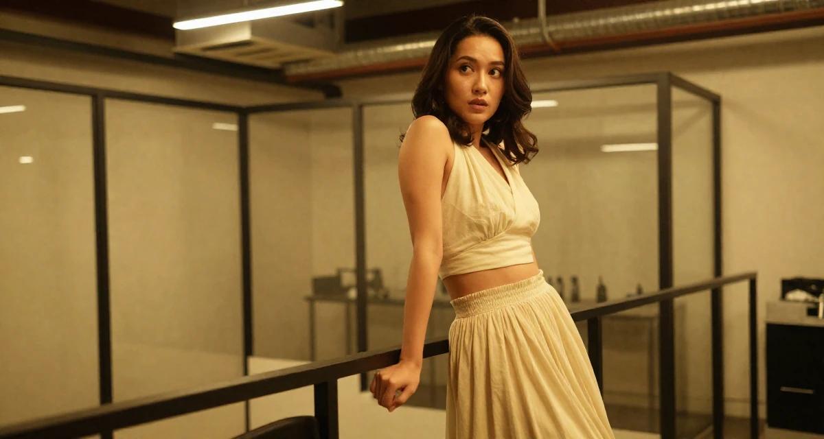 A sophisticated Female From Indonesia, based in Surabaya, graduated from a creative academy majoring in multimedia arts in their 30, accepting that ambition doesn’t erase exhaustion, wearing a halter neck crop top and a flowing maxi skirt, shifting weight impatiently in a backstage dressing room.