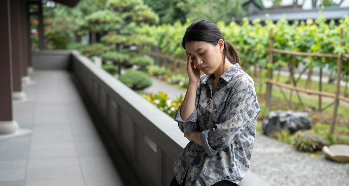 A pensive Female From Chongqing China, holds a degree in psychology in their 24, learning to work through emotional lows, wearing a relaxed fit patterned shirt, stepping onto a curb in a opera house balcony.