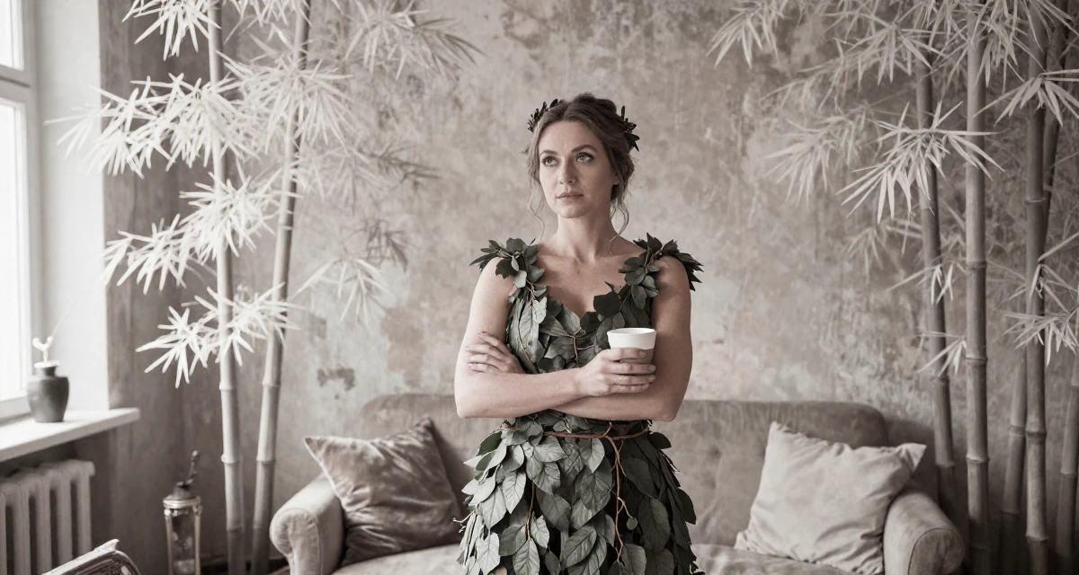 A sophisticated Female From Helsinki Finland, practiced emotional expression through self-portrait art in their 36, expert in interior design and home decor, wearing a forest dryad costume made of leaves and vines, holding a coffee cup with both hands in a sunlit living room.