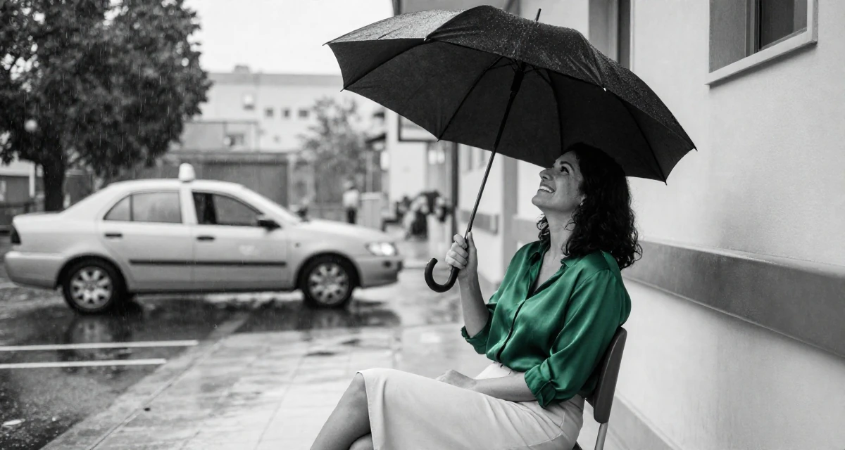 A hopeful Female From Israel, majored in computational biology in their 24, taking creative work more seriously, wearing a emerald green silk blouse and a cream skirt, shaking rain off an umbrella in a hospital corridor.