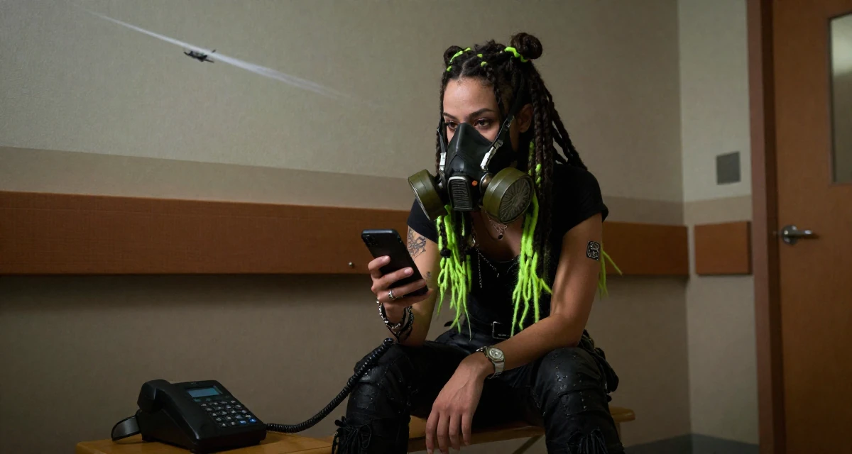 A introspective Female From United States, majored in forestry studies in their 25, accepting that growth is slower than motivational quotes claim, wearing a cyber-goth outfit with gas mask and neon dreads, checking a phone in a hospital corridor.