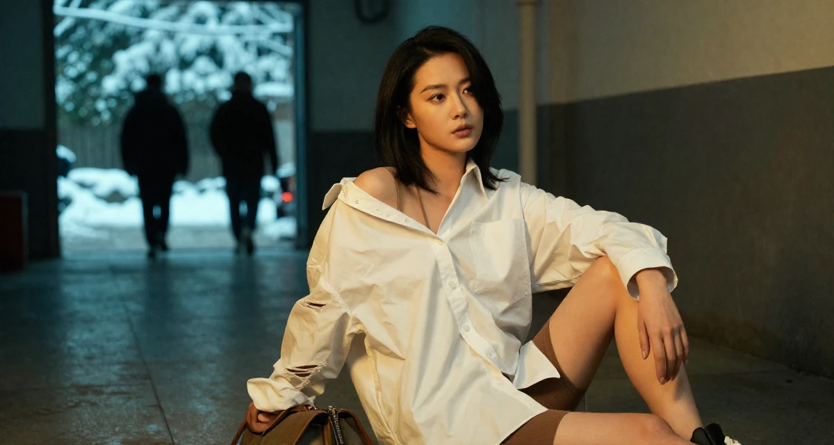 A thoughtful Female From Shanghai China, majored in journalism in their 37, trying to stabilize income streams, wearing a oversized white shirt worn off one shoulder and biker shorts, zipping up a bag in a basement studio.