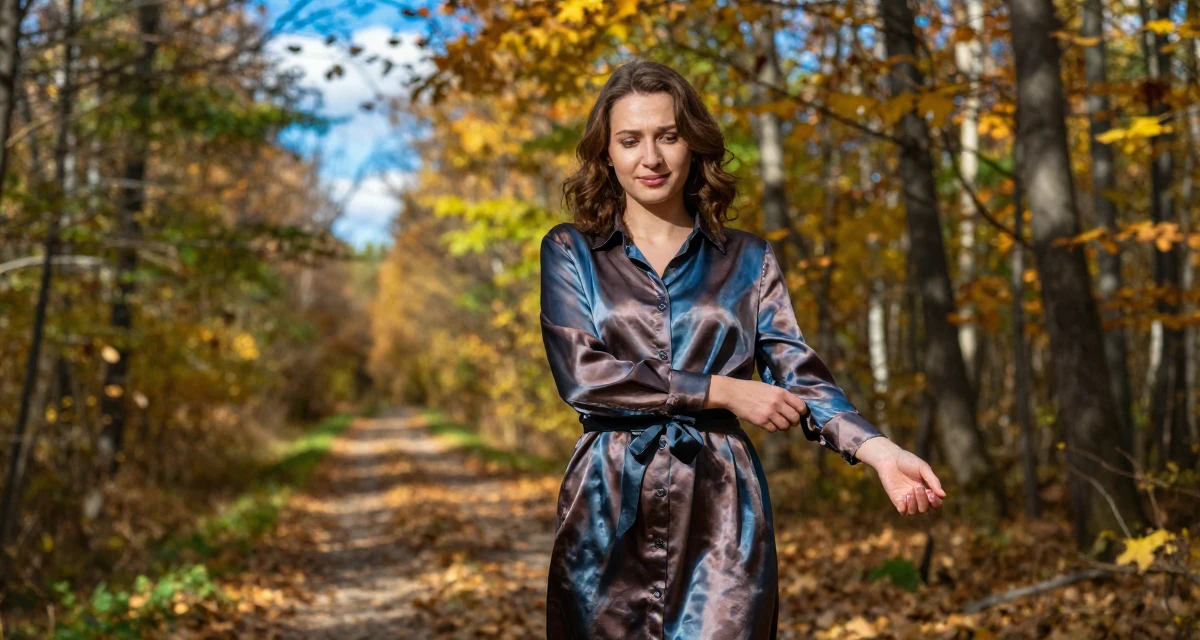 A friendly Female From Russia, studied mathematics and cybernetics in their 22, worrying about disappointing early supporters, wearing a silk shirt dress with a tie waist, adjusting sleeves in a autumn forest.