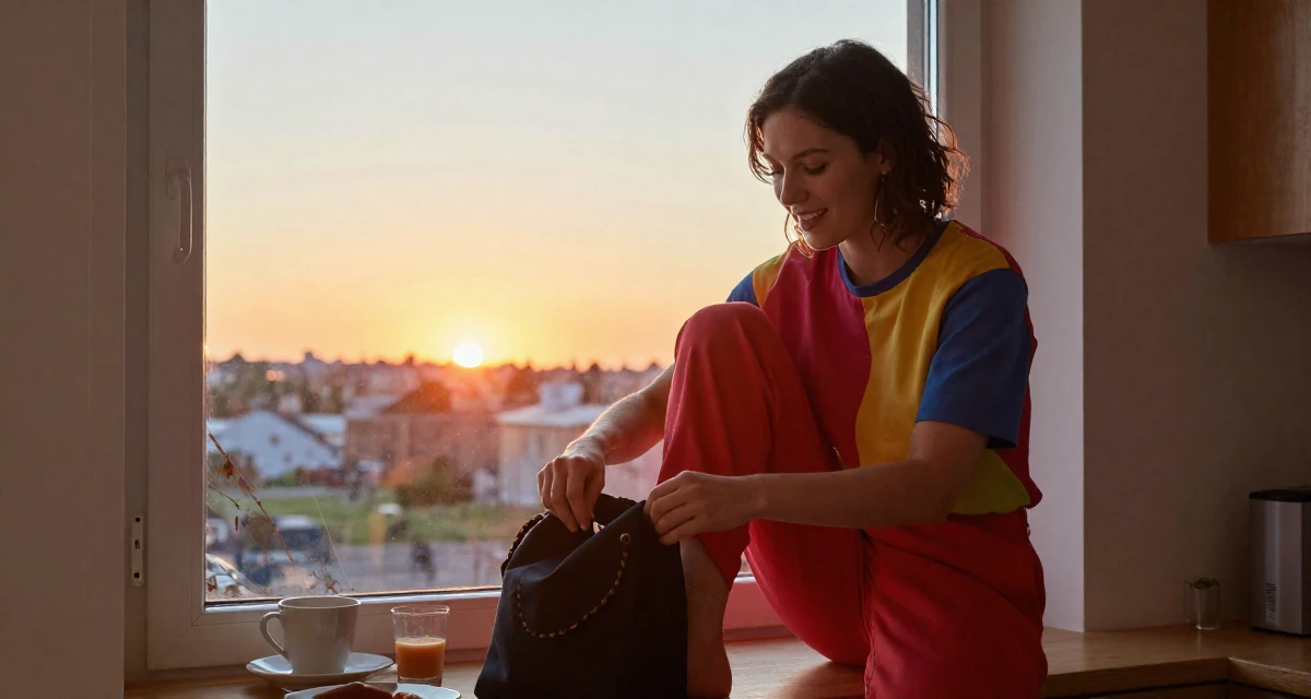 A spirited Female Raised in Sweden, studied creative technology in their 25, adjusting expectations for adult life, wearing a bold color-block outfit, closing a bag in a breakfast nook.