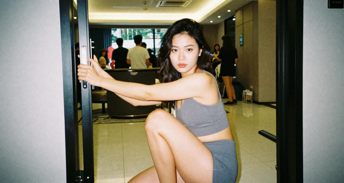 A composed Female Once a logistics coordinator, now creating body-positivity material in their 25, learning to flirt through camera presence alone, wearing a cropped gym top and high-cut running shorts, pulling a door open in a hotel lobby.