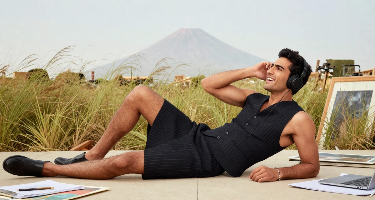 A spirited male From Dubai UAE, majored in marketing in their 25, developing discipline through daily habits, wearing a pinstripe pencil skirt and a matching vest top, listening to music with headphones in a messy artist studio.