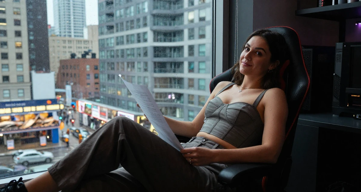 A amused Female From Toronto Canada, self-taught in boudoir lighting and set styling in their 31, digital nomad setting up a base in a new city, wearing a cropped bustier top and high-waisted slacks, holding a piece of paper in a gaming room.