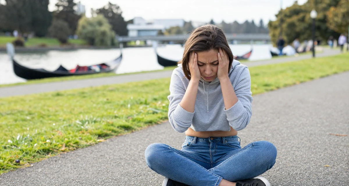A tired Female From Wellington New Zealand, studied creative writing and visual narrative in their 20, stressing over finals and future uncertainty, wearing a cropped hoodie showing midriff and low-rise jeans, rolling up sleeves in a grassy field.