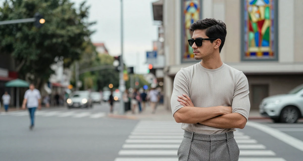 A lonely male Once a barista, now a full-time creator leaning into aesthetic storytelling in their 22, missing the freedom of student days, wearing a fitted ribbed top and a check pattern skirt, lowering sunglasses to look out in a busy intersection.