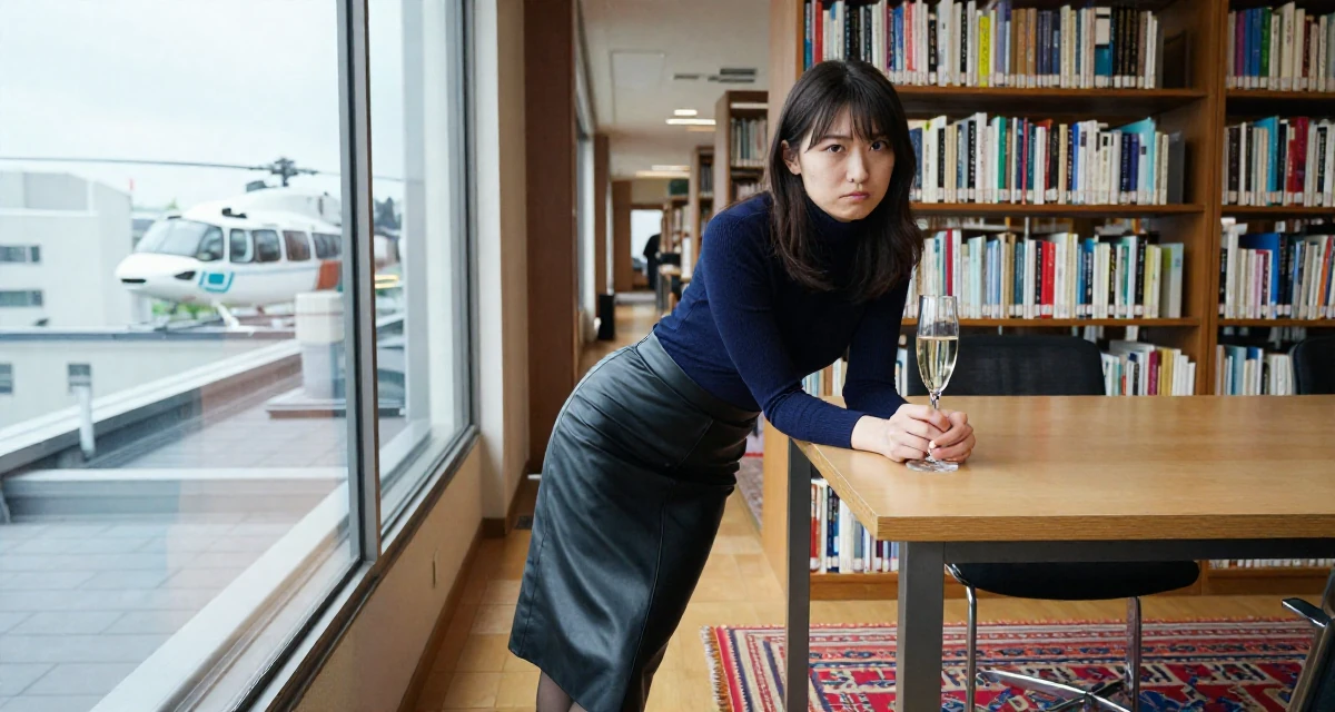 A cynical Female From Japan, majored in interactive media in their 22, learning workplace expectations and boundaries, wearing a fitted turtleneck and a leather midi skirt, holding a champagne glass in a library aisle.