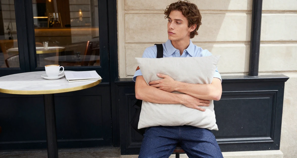 A thoughtful male Once a digital-marketing intern, now running her own creator brand in their 20, living entirely for the aesthetic of the moment, wearing a modern casual lifestyle wear, hugging a pillow or cushion in a sunny patio.