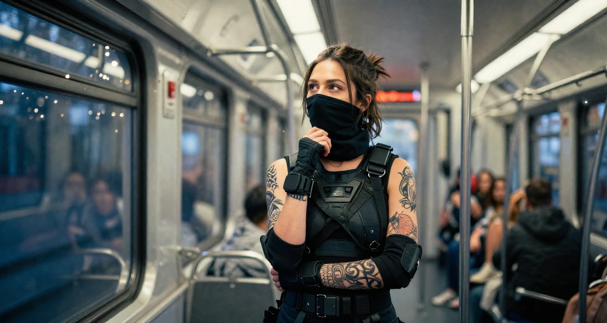 A aloof but intriguing Female Once a tattoo apprentice, now a creator blending ink culture and lifestyle in their 20, experimenting with new social circles and hobbies, wearing a tech-wear ninja outfit with a face mask, touching the chin thoughtfully in a train carriage.