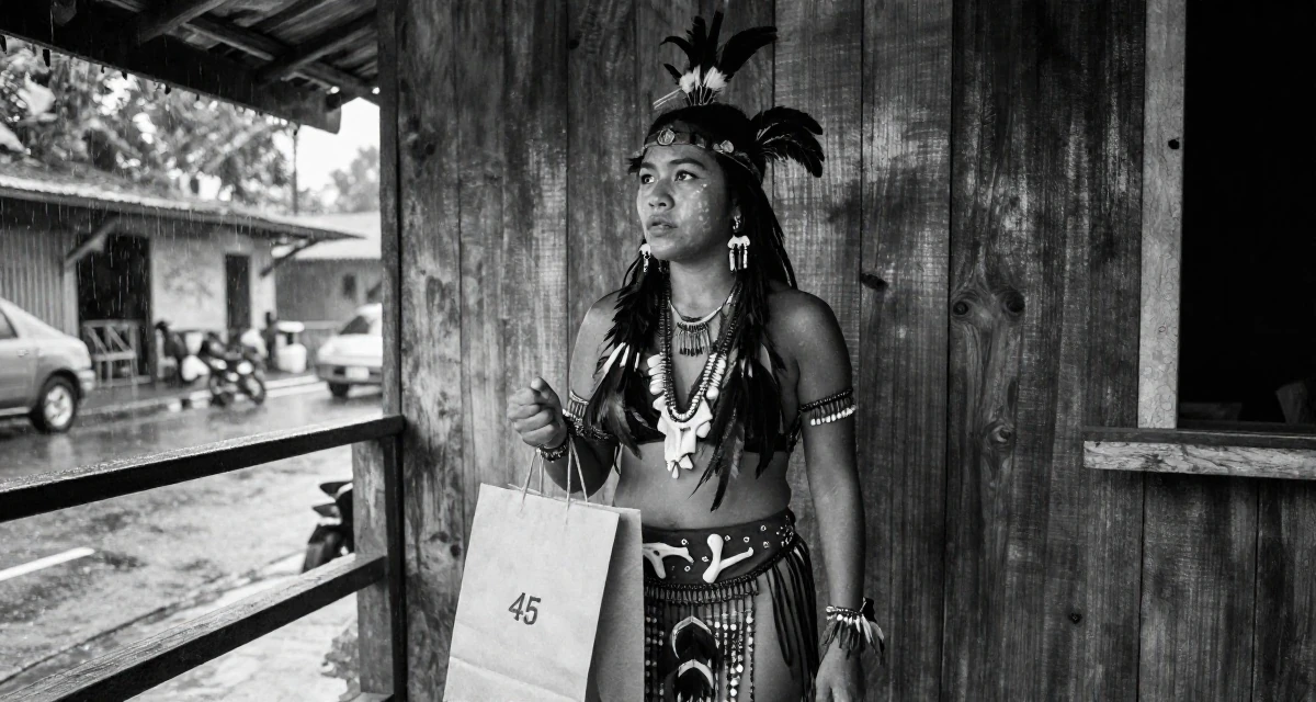 A fearless Female From Manila Philippines, learned stage presence from bar performance work in their 45, documenting the renovation of a vacation home, wearing a tribal shaman outfit with feathers and bones, holding a shopping bag in a rustic wooden cabin interior.