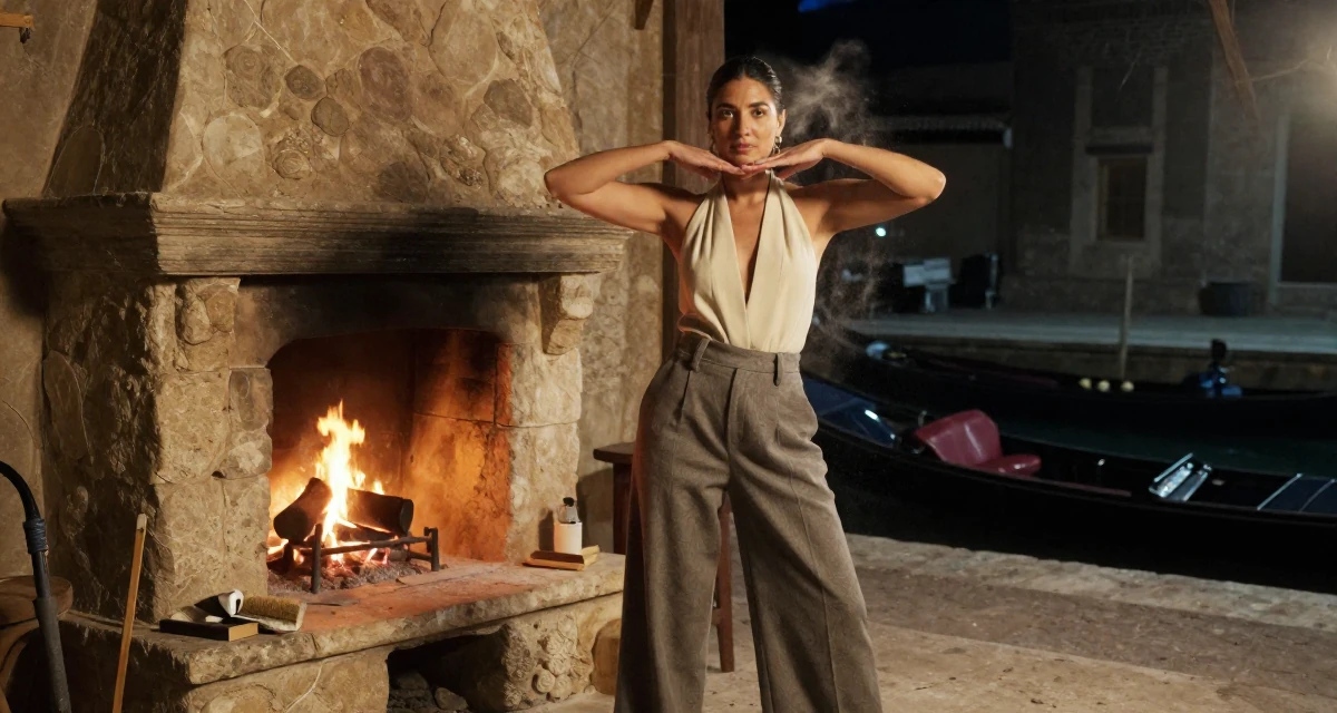 A commanding Female From Colombia, has a background in performing arts in their 32, sharing easy DIY home improvement projects, wearing a halter neck top and wide-leg office trousers, brushing off dust in a ancient stone ruins.
