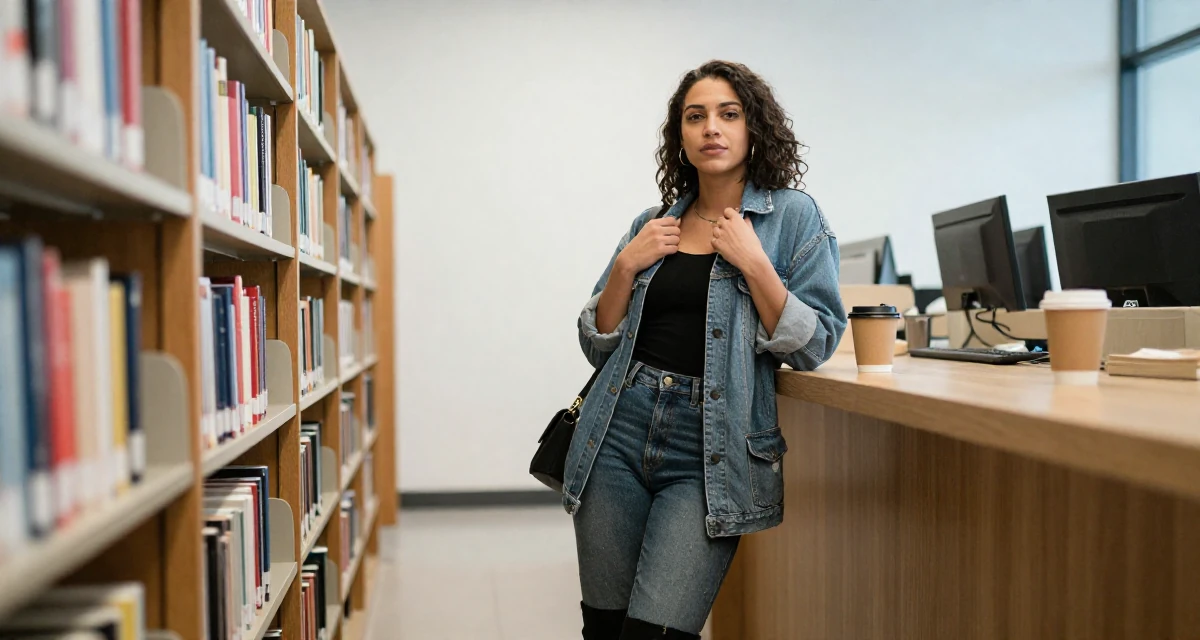 A confident and poised Female From USA, studied computer science but switched to arts in their 24, analyzing long-term compatibility in dating, wearing a edgy street style with boots, fixing a collar in a library aisle.