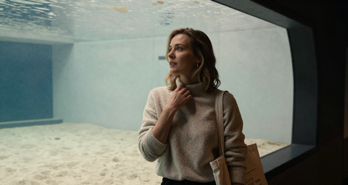 A energetic Female From Finland, studied applied linguistics in their 25, defining a mature, seductive but classy persona, wearing a cozy fleece pullover, carrying a tote bag in a aquarium tunnel.