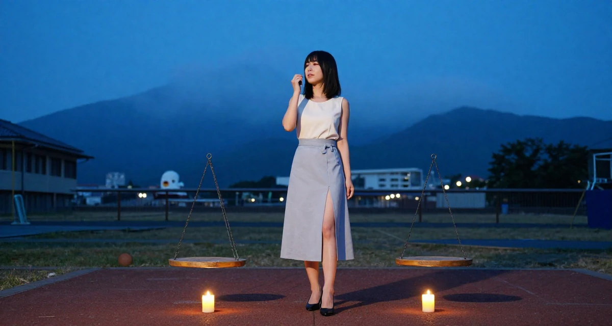 A serene and peaceful Female From Osaka Japan, learned cosplay craftsmanship and character styling in their 33, struggling with work-life balance, wearing a elegant midi skirt with a high slit and heels, humming a tune visually in a school playground.