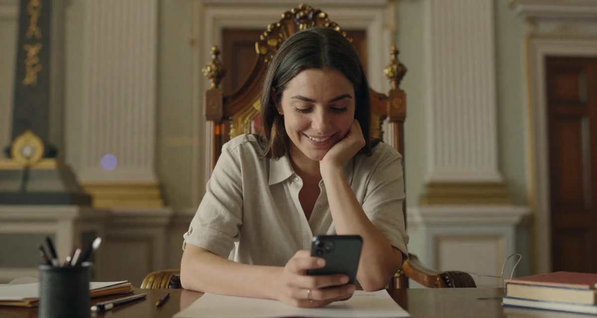 A radiant Female From Uruguay, studied anthropology in their 25, saving up for the first major independent purchase, wearing a clean, neutral-toned casual outfit, texting with both thumbs in a royal palace throne room.