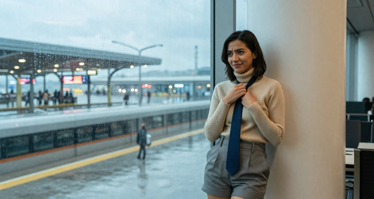 A amused Female From Angola, majored in logistics operations in their 22, feeling imposter syndrome in office meetings, wearing a turtleneck sweater tucked into high-waisted shorts, playing with a tie in a airport terminal.