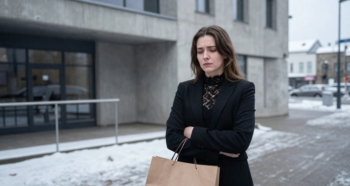A sorrowful Female From Estonia, based in Tartu, graduated from a state university majoring in digital culture in their 23, balancing risk-taking with stability needs, wearing a black lace top under a business suit, holding a shopping bag in a cinema lobby.