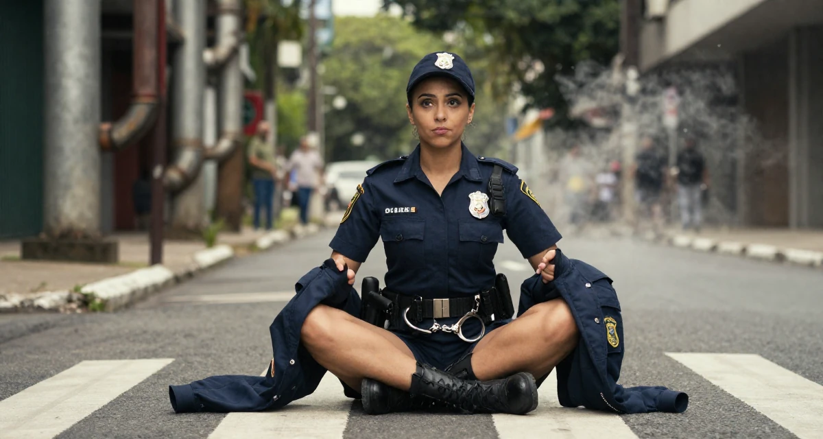 A whimsical Female From São Paulo Brazil, studied digital entertainment in their 36, sharing realistic fitness routines for busy people, wearing a police officer uniform with a badge and handcuffs, putting on a jacket in a busy crosswalk.