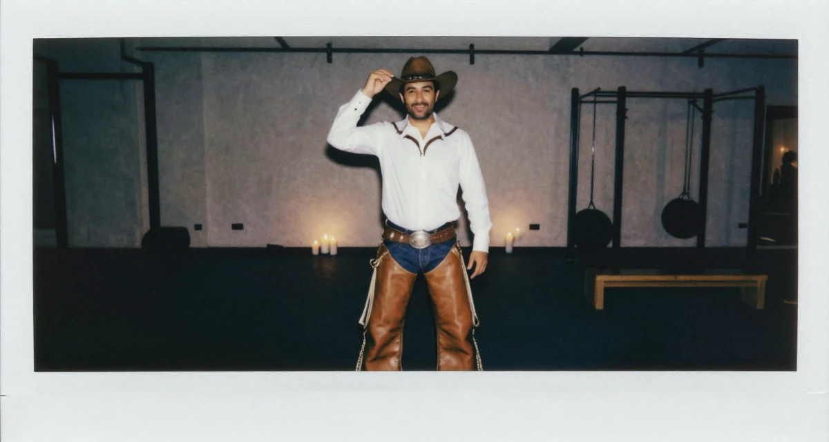 A warmhearted male From Abu Dhabi UAE, studied finance and banking in their 50, established authority in a niche industry, wearing a wild west cowgirl outfit with chaps and a hat, tipping a hat in a gym interior.