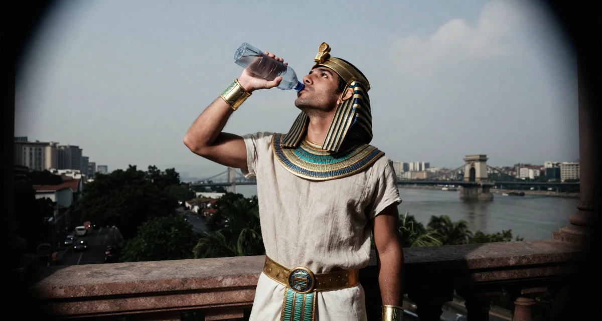 A self-assured male From Guangzhou China, studied international business in their 33, documenting a cross-country road trip, wearing a egyptian queen costume with gold collar and linen, drinking from a water bottle in a opera house balcony.
