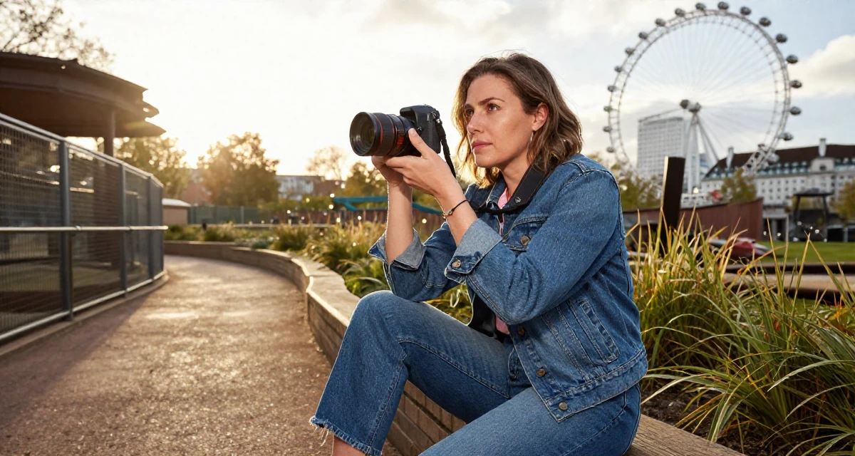 A longing Female Former accountant in her 40s, now embracing body confidence and digital art in their 22, missing the freedom of student days, wearing a fashionable denim on denim, holding a camera ready to shoot in a zoo enclosure path.