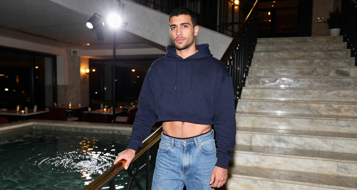 A settled male From Alexandria Egypt, practiced creative self-portraiture in their 26, taking night classes, wearing a cropped hoodie showing midriff and low-rise jeans, leaning on a railing in a high-end restaurant.